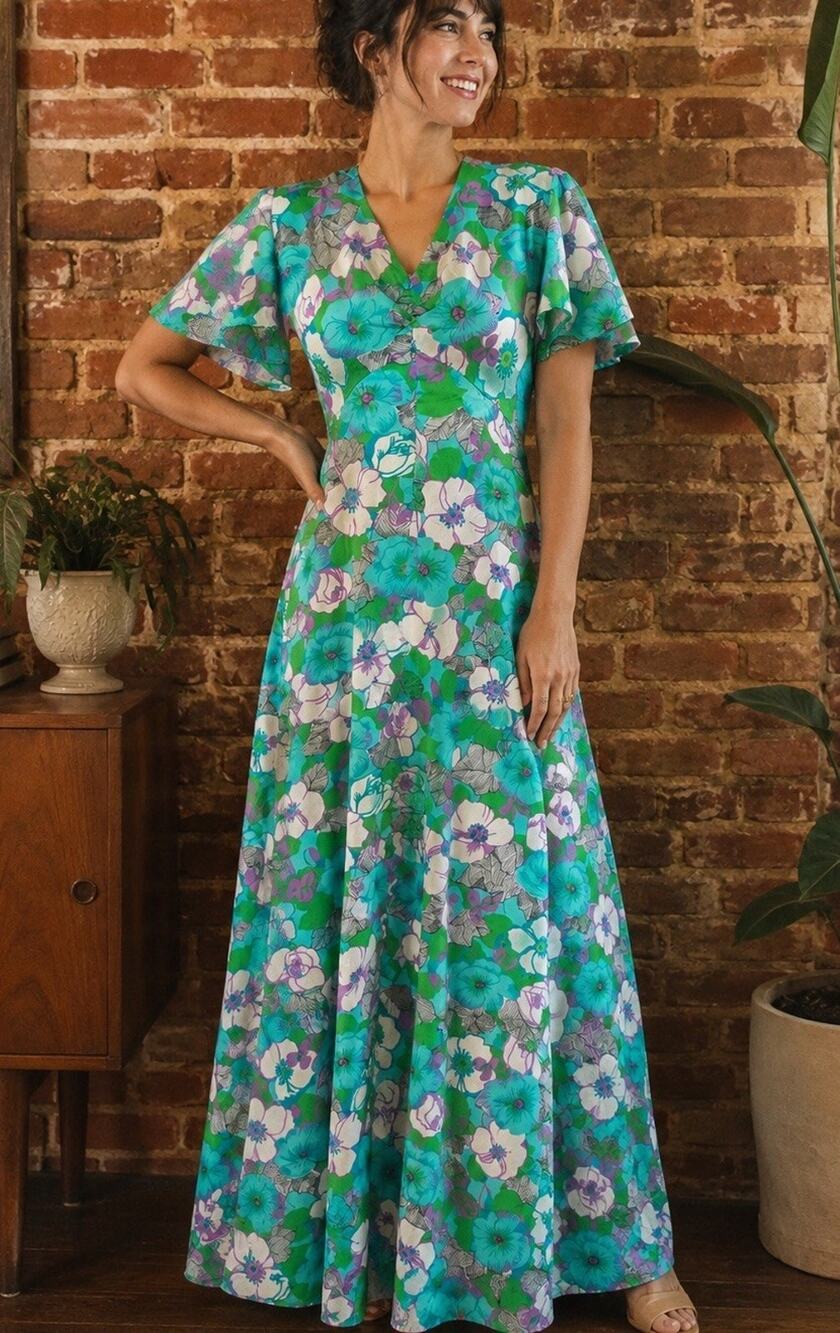 VTG 70’s Handmade Pomare Hawaii Blue Green Maxi Dress Sz M Floral Flutter Sleeve